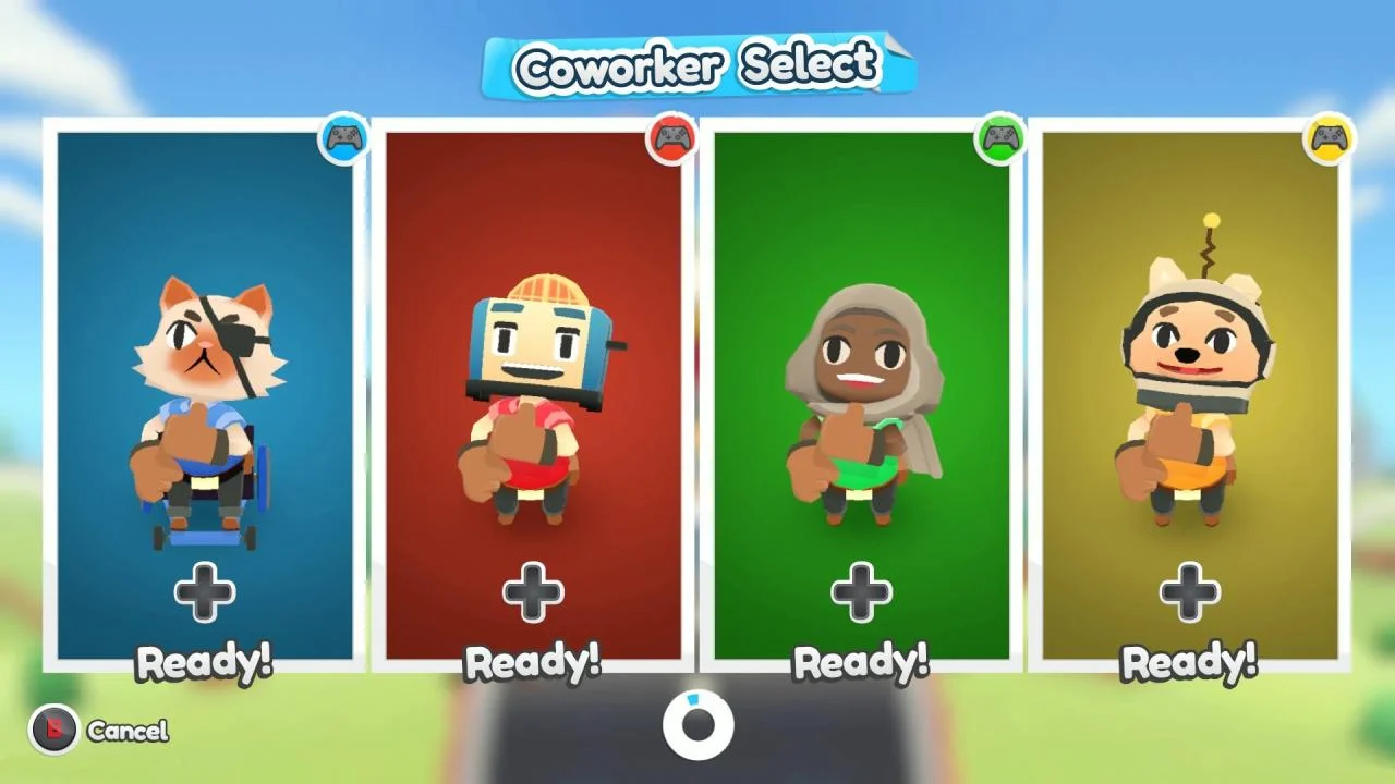 Four player portraits marked ready before a moving job.