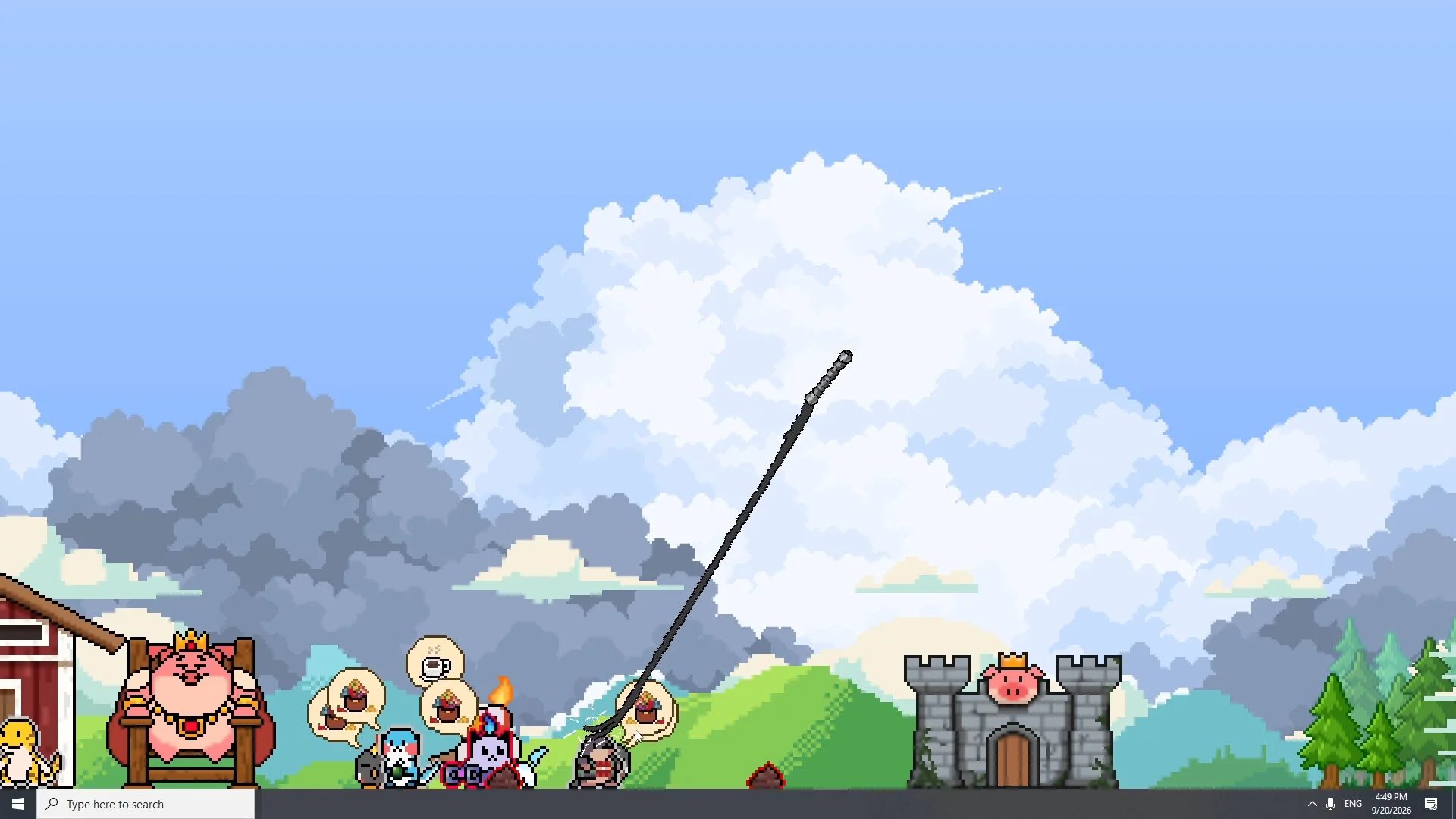 WinMon desktop farm with small workers, job bubbles, crowned manager and stone castle
