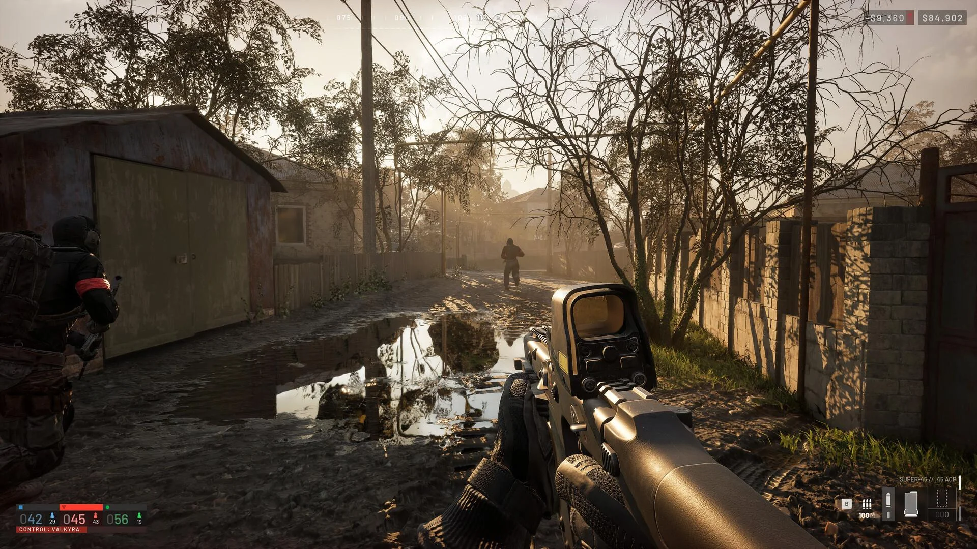 First-person SUPPORTER A-91 down a puddled alley, HUD cash 8360 and 84903