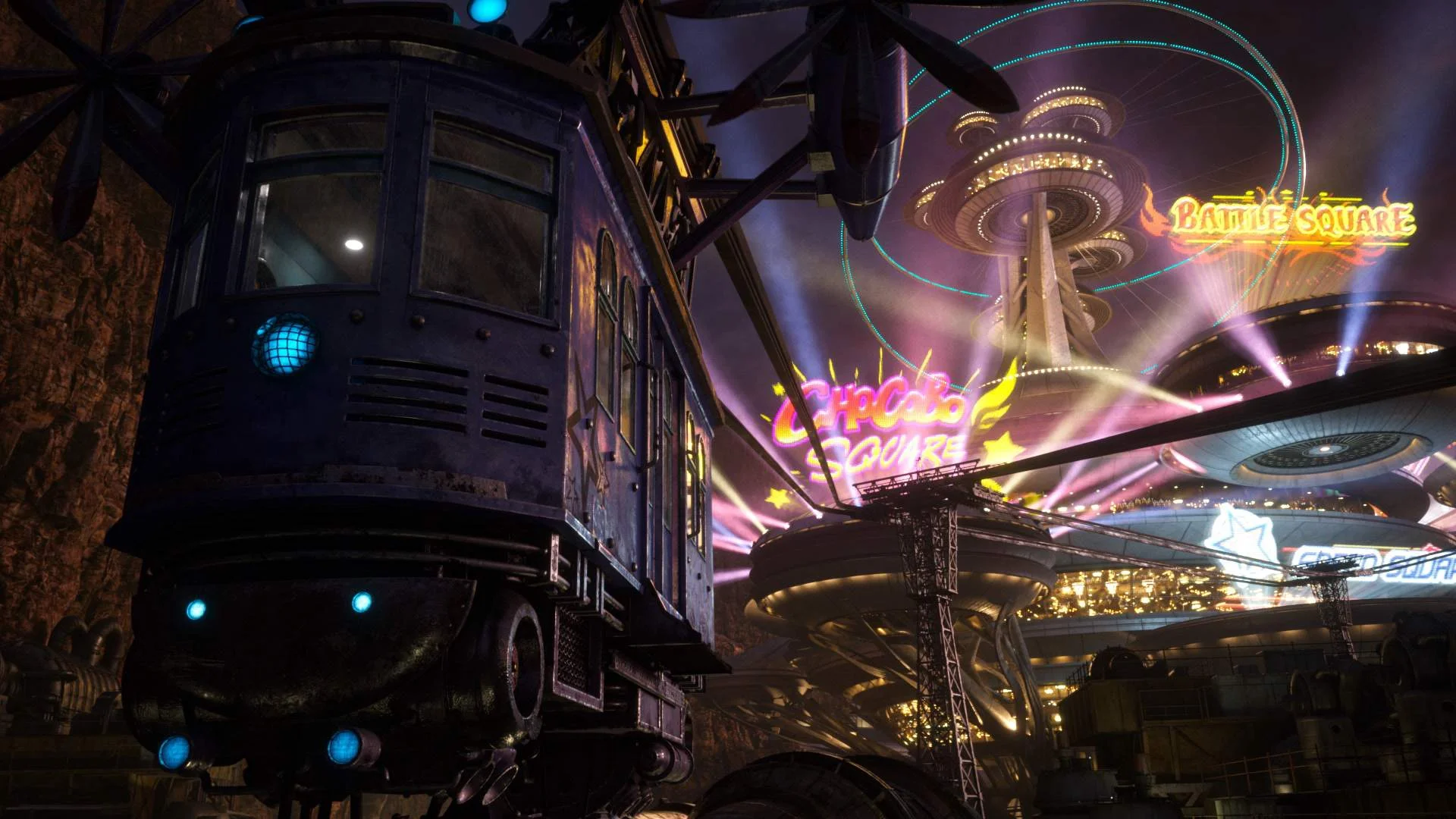 A hanging gondola faces a night fairground with Chocobo Square and Battle Square neon signs