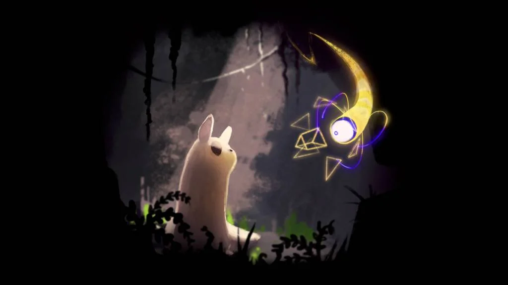 Slugcat sitting before a glowing yellow overseer with floating triangle shapes in dark ruins