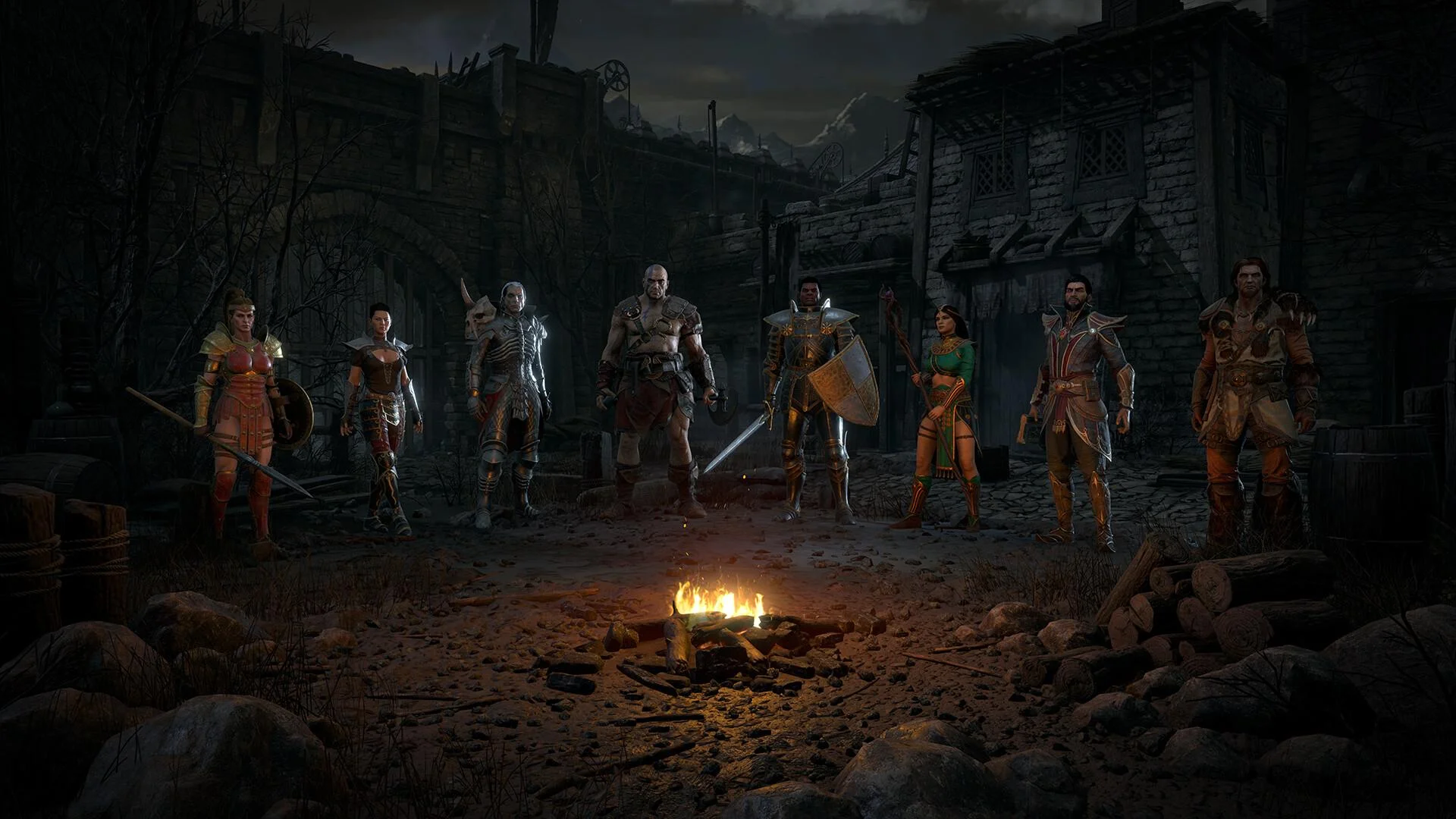 Eight Diablo II classes standing around a campfire in a ruined town