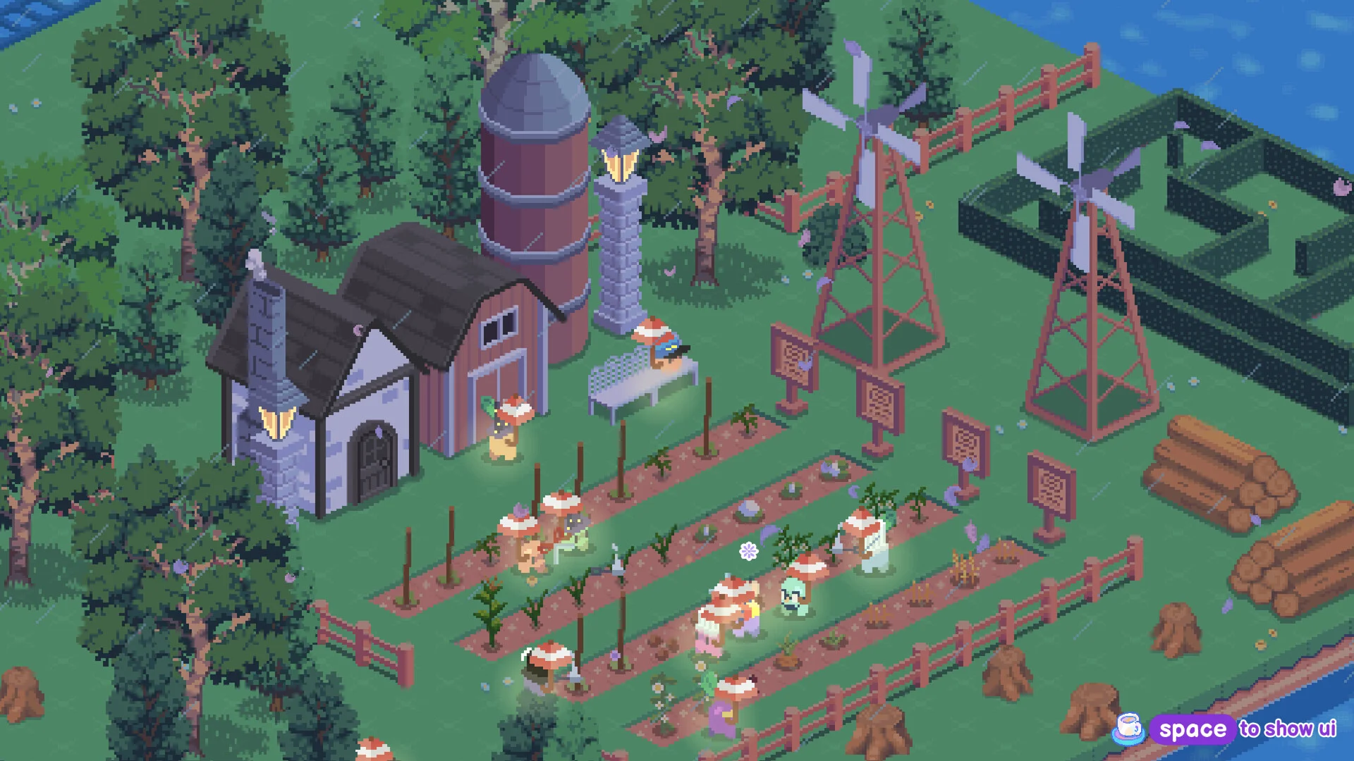 Rainy farm, red silo, two wooden windmills, hedge maze, crop rows with gourdlets, prompt space to show ui