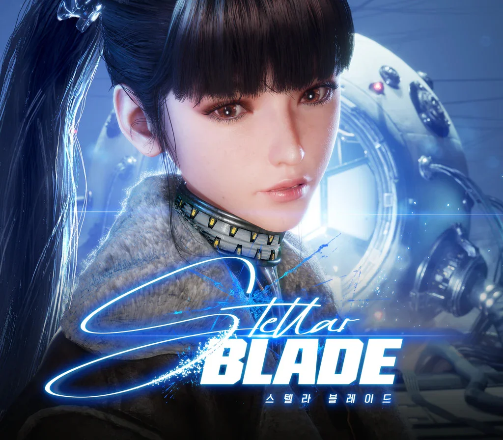 Stellar Blade cover of Eve with a black ponytail, grey collar and neon script title before a hatch