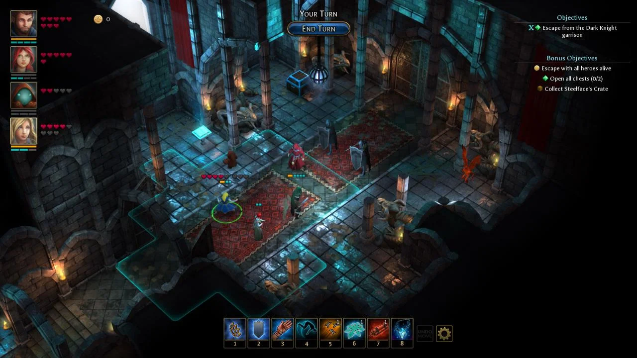 A party on a tiled dungeon floor