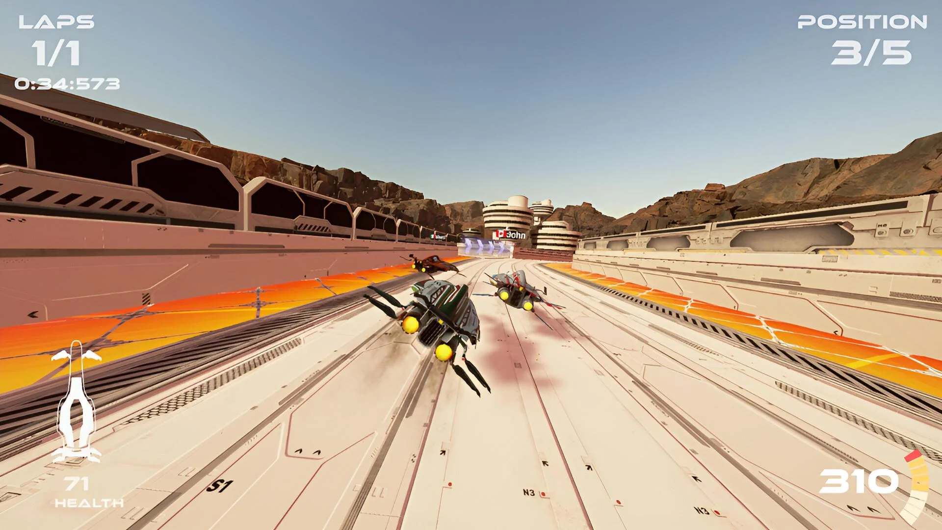 Two anti-gravity ships racing on a sunlit track with lava edges, health at 71 and speed at 310