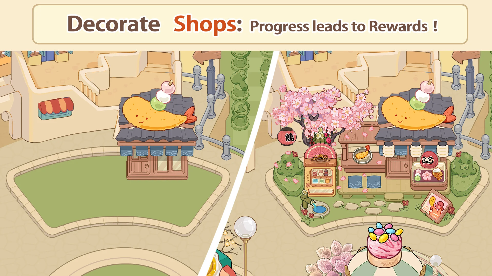 Decorate Shops split: plain tempura stall then the same stall with cherry blossoms, lanterns and a daruma