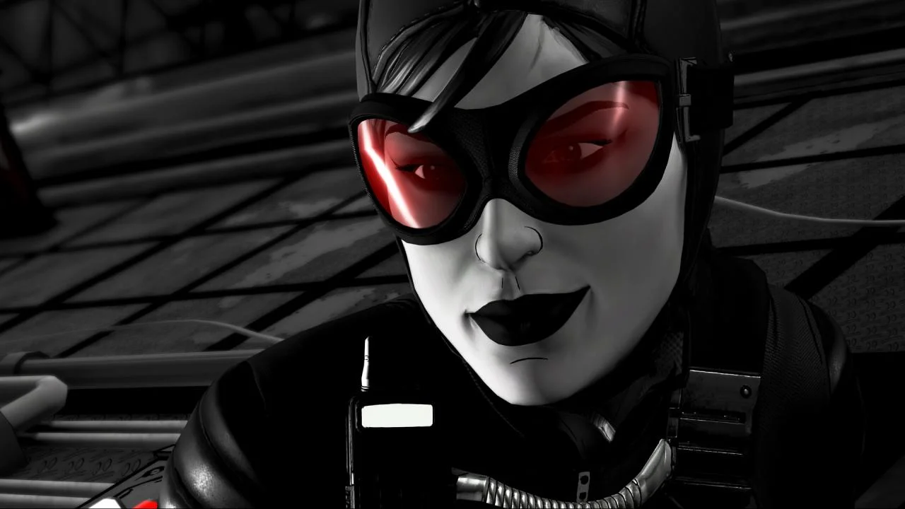 Catwoman close-up with red goggles in Shadows Edition