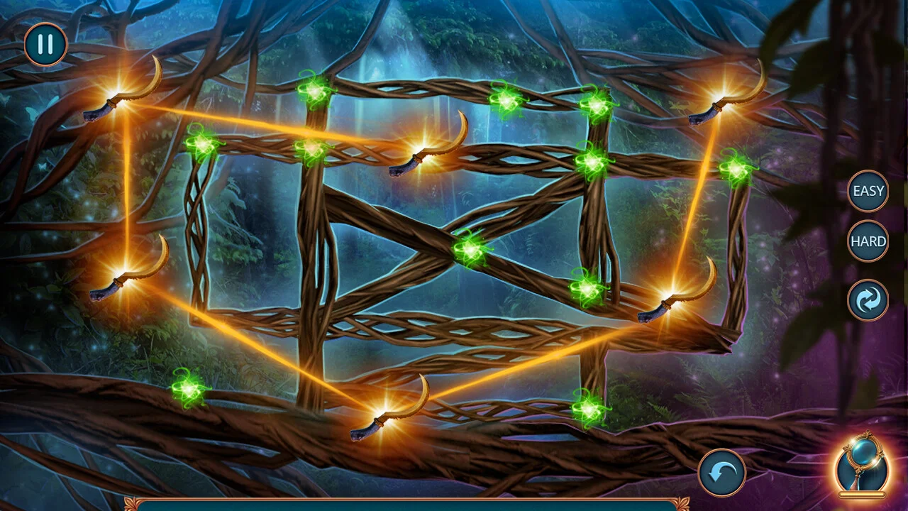 Twisted forest vines with green sparks and gold light beams forming a puzzle grid