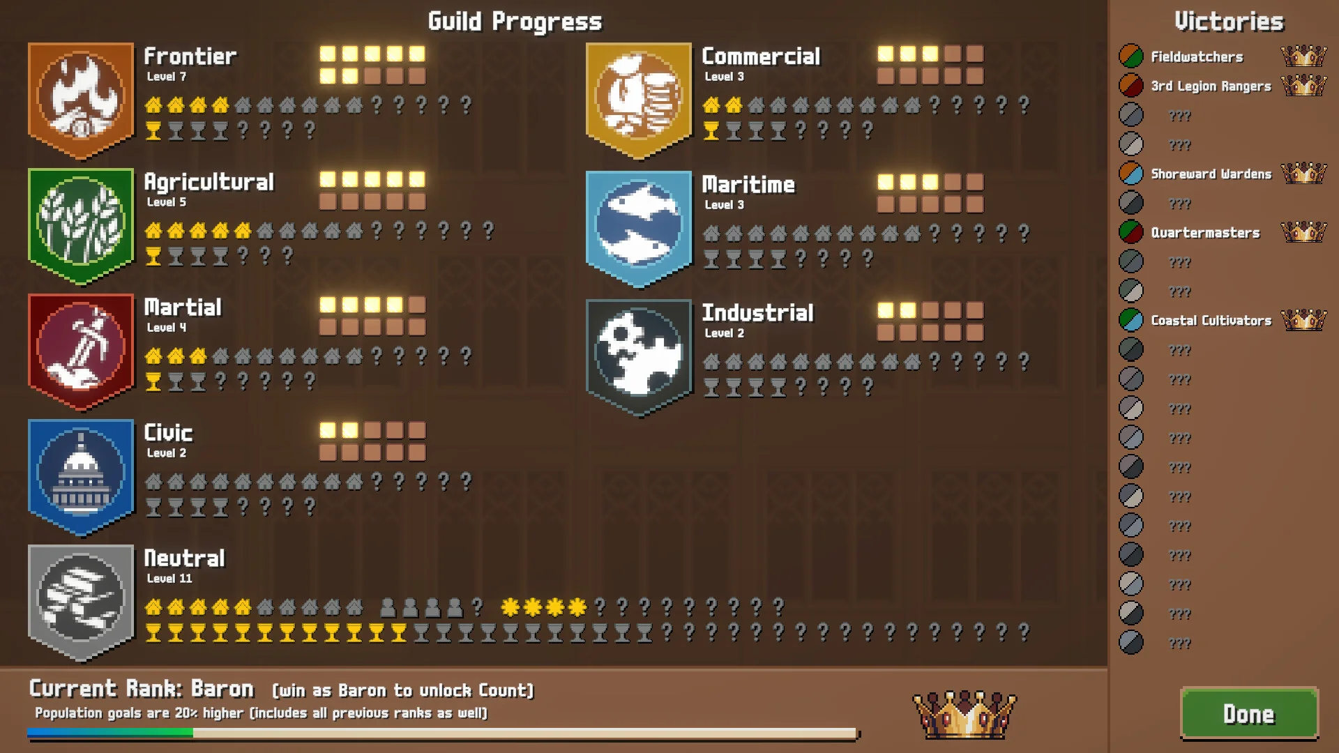 Guild Progress: Frontier Agricultural Martial Civic Neutral Commercial Maritime Industrial, Baron rank