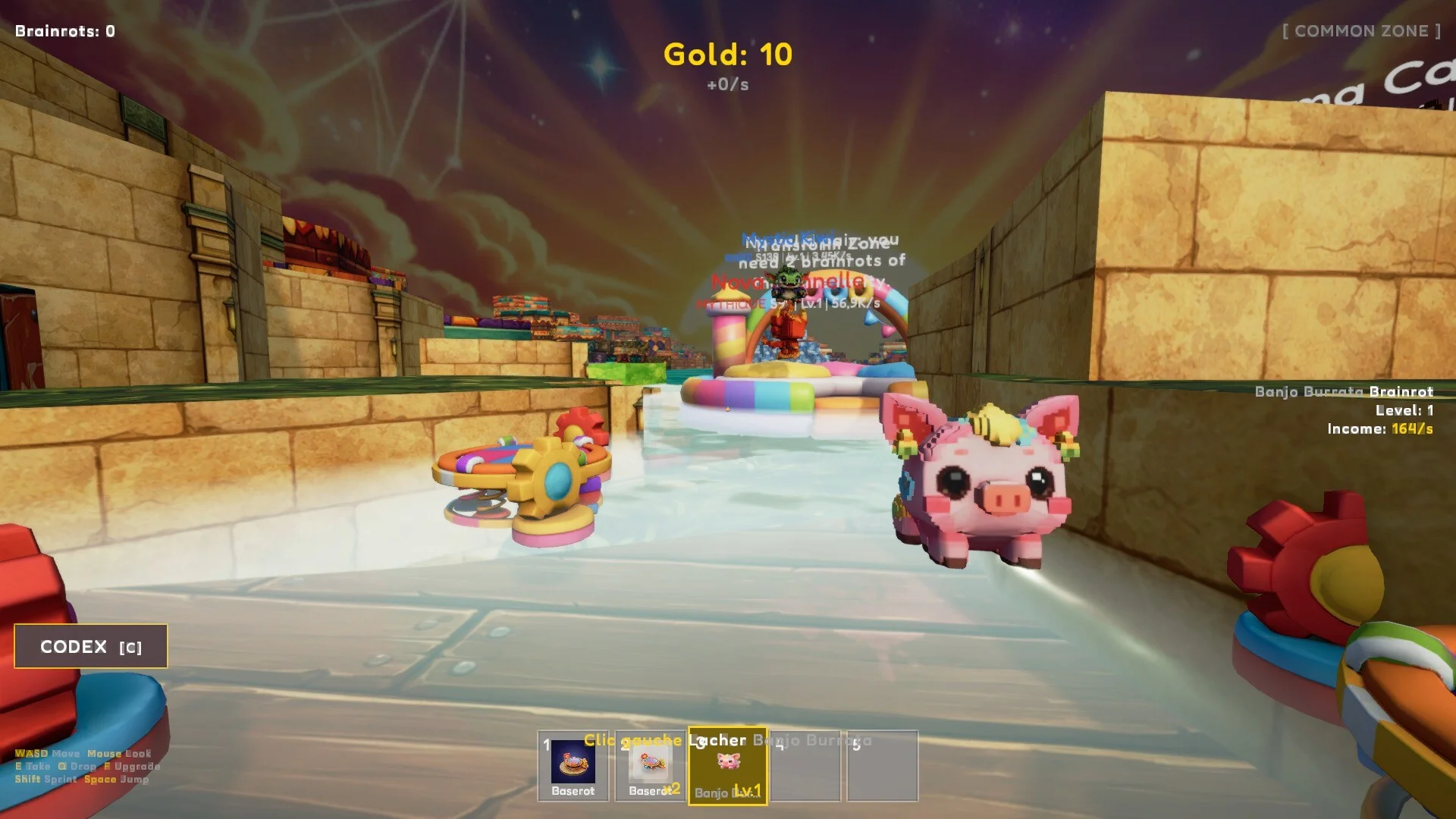 Banjo Burrata pig on a wooden dock, Common Zone water, cartoon town and green hills behind