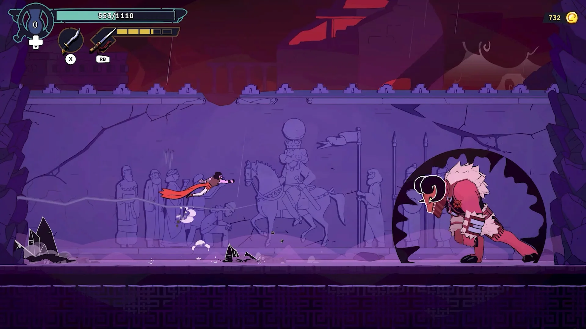 Prince in a red cape wall-runs along a purple relief of a king on horseback while a horned red figure waits in a circular portal on the right