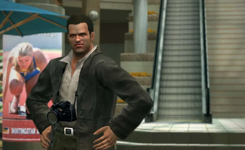 Frank West with his camera beside a SHOOTING STAR poster and an escalator in the mall