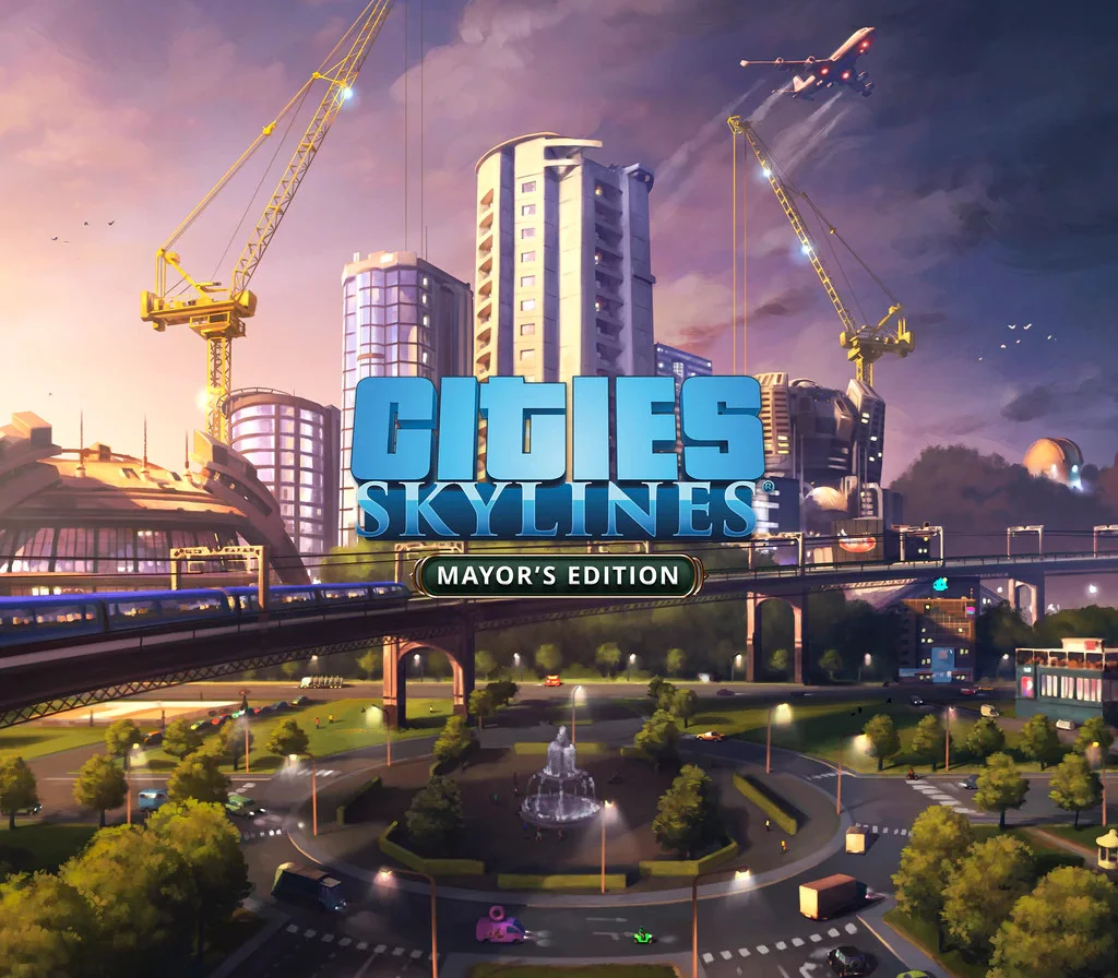 Mayor's Edition key art: yellow cranes, jet, elevated metro, and a lit fountain roundabout