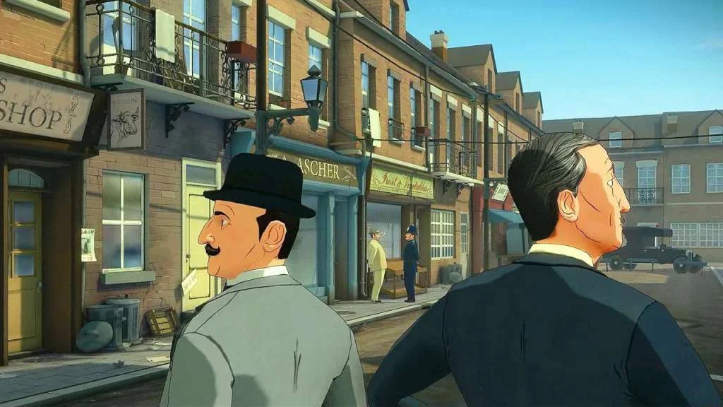 A hatted man on a brick street outside a shop.