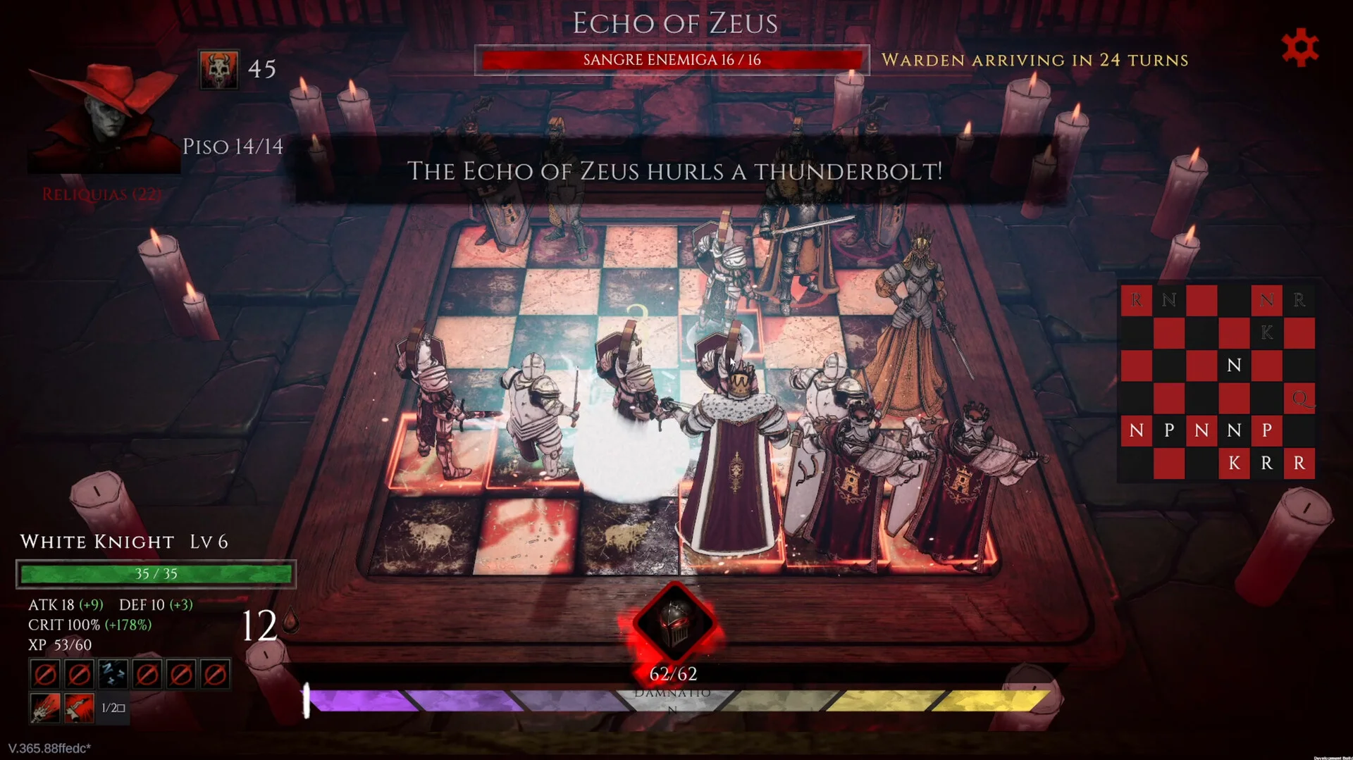 Echo of Zeus board: thunderbolt flash on the chess table, Spanish enemy-blood bar, mini-map on the right