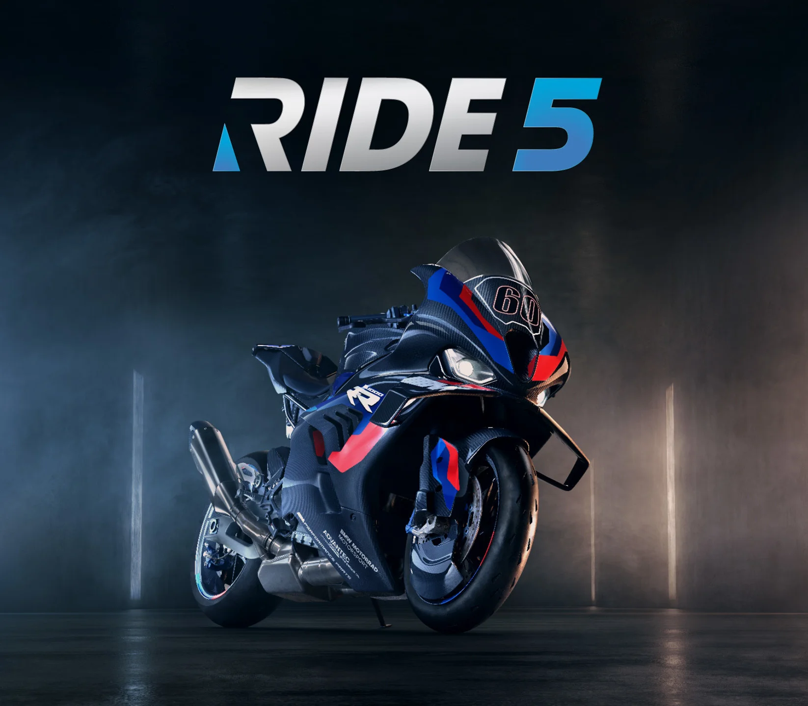 Studio shot of a black, blue and red superbike numbered 60 under silver-to-cyan RIDE 5 lettering on a dark floor