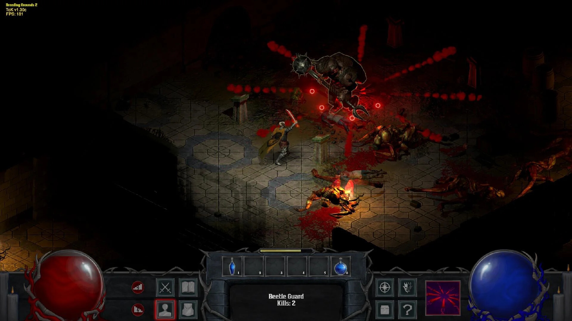 Isometric stone hall where a sword fighter faces a spiked brute firing red projectiles among fallen bodies