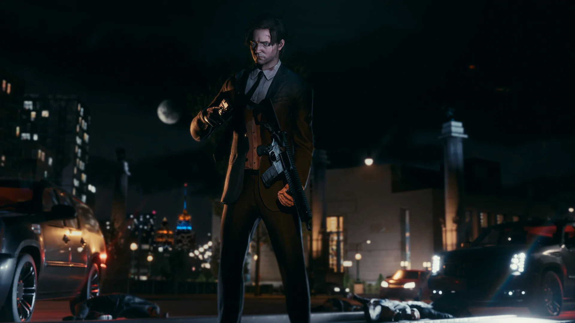 Night suit between two SUVs, rifle on the sling, phone in hand, two bodies on wet asphalt, moon over the skyline