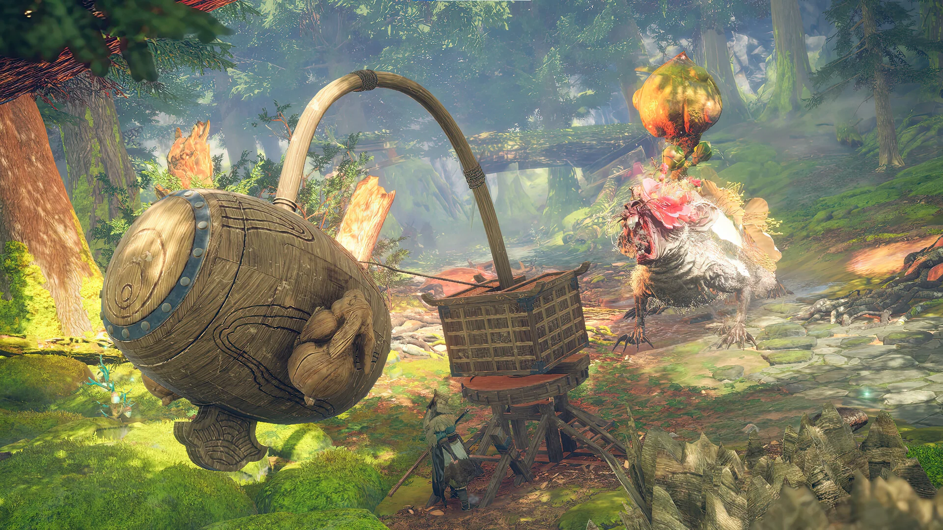 A wooden karakuri creature carrying a barrel through a forest.