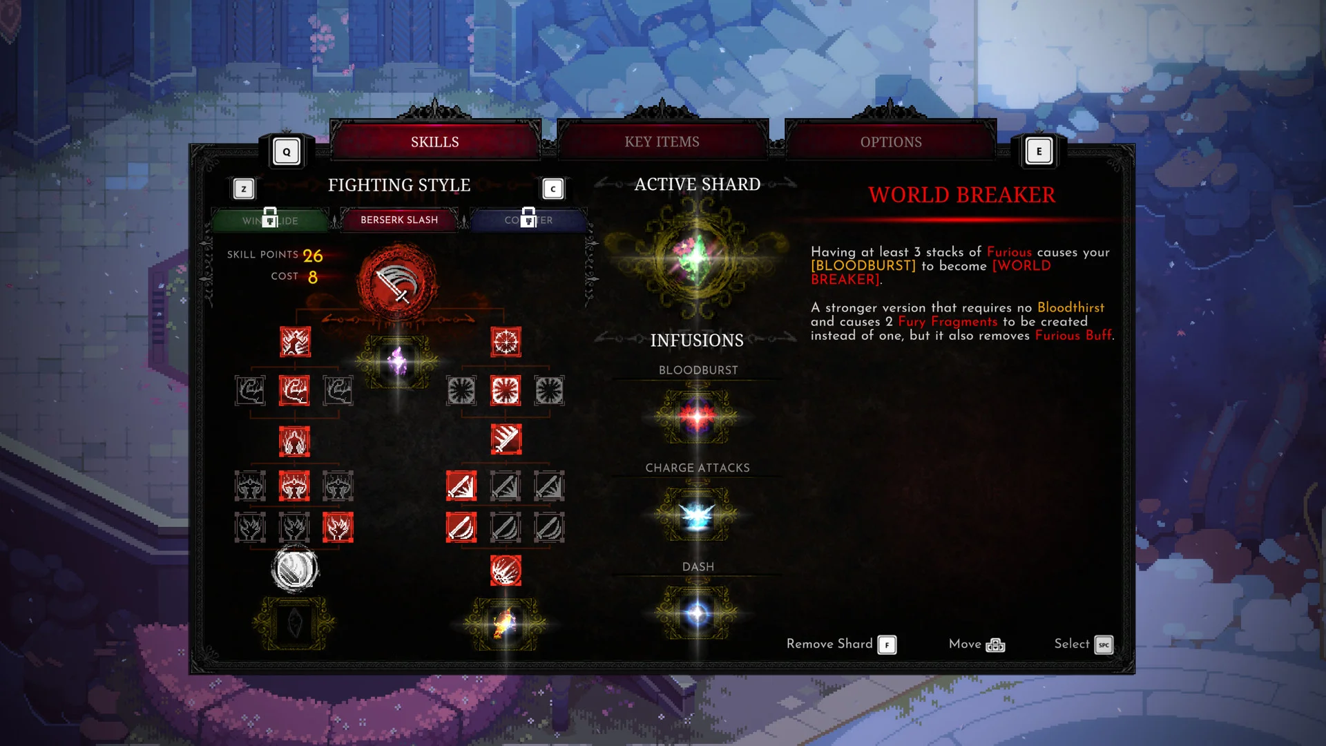 Skills menu: FIGHTING STYLE tree, WORLD BREAKER shard, 26 skill points, Berserk Slash selected