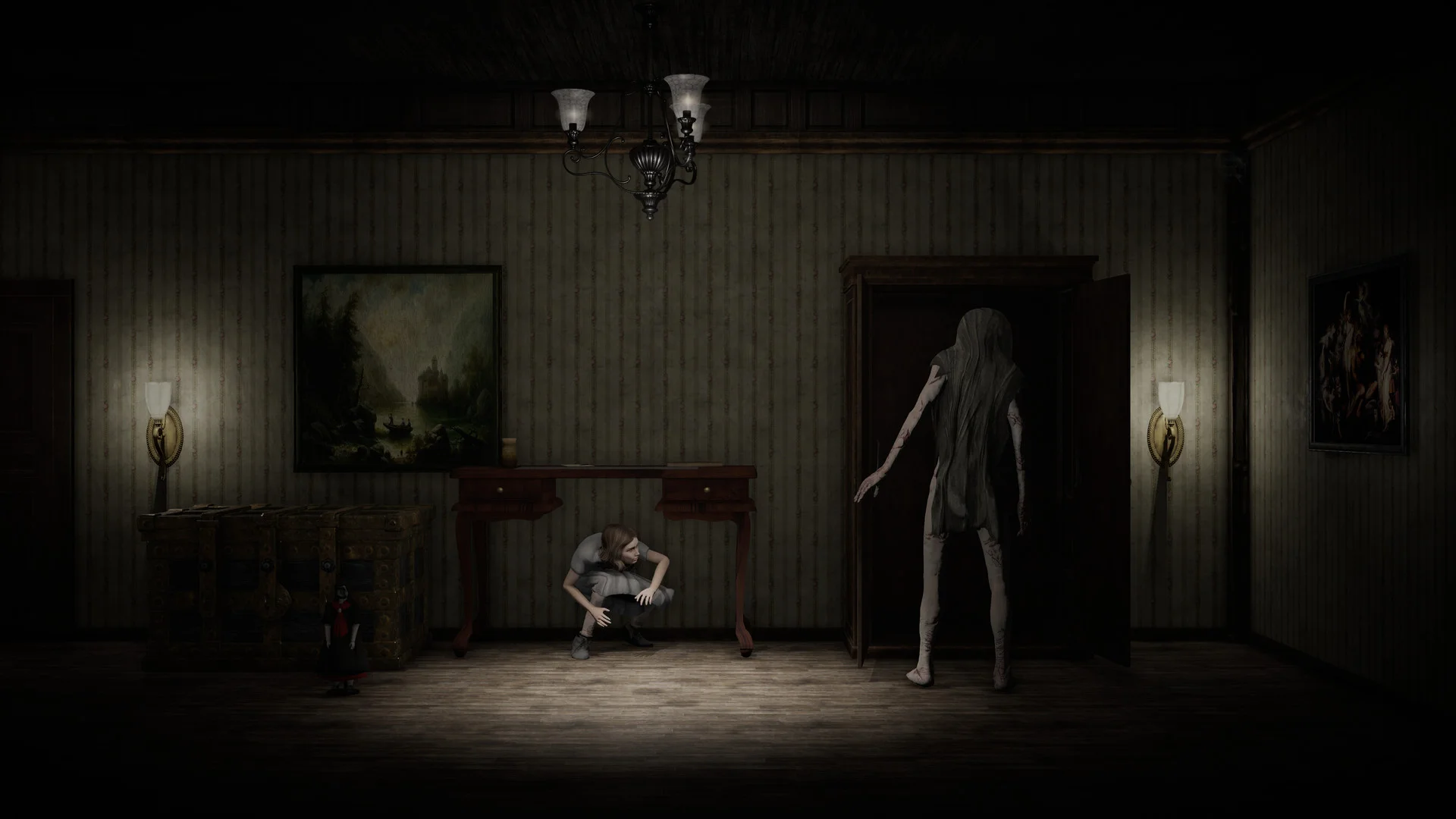 A dark parlor with a tall thin figure and a small shape on the floor.