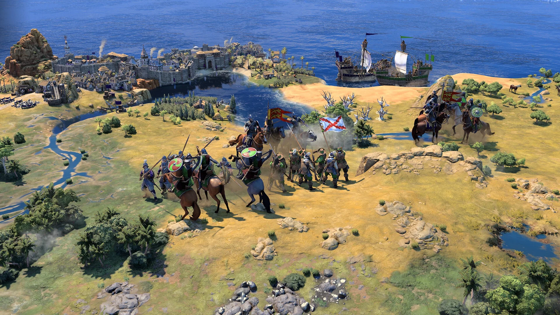 Cavalry with round shields and banners riding grassland toward a walled port, a caravel offshore