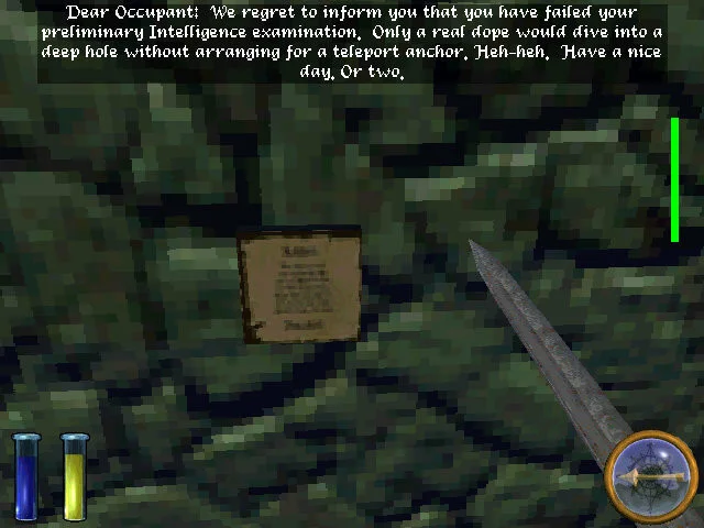 First-person: Dear Occupant failed Intelligence exam note on a wall, sword, compass, blue and yellow vials