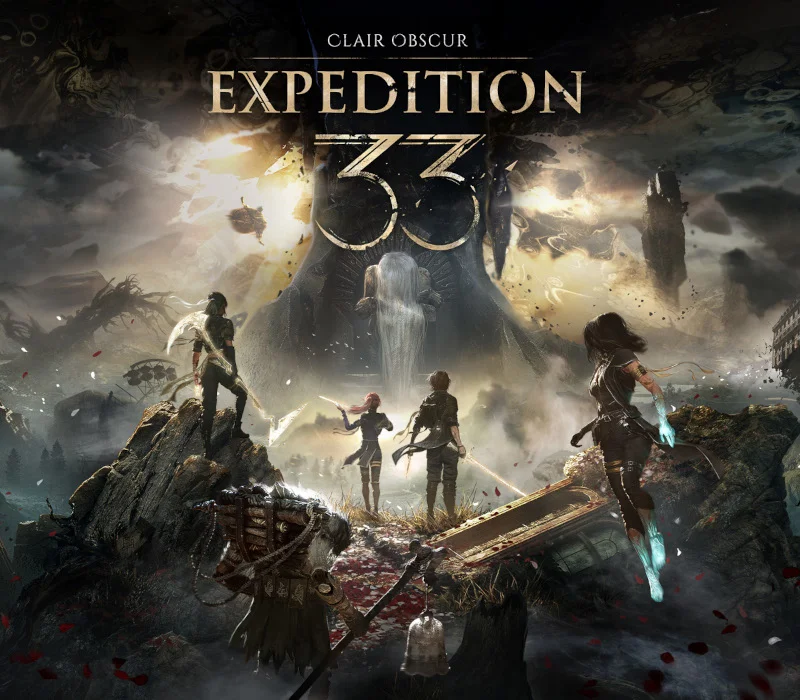 Clair Obscur Expedition 33 cover of the party before a giant 33 and a waterfall monolith