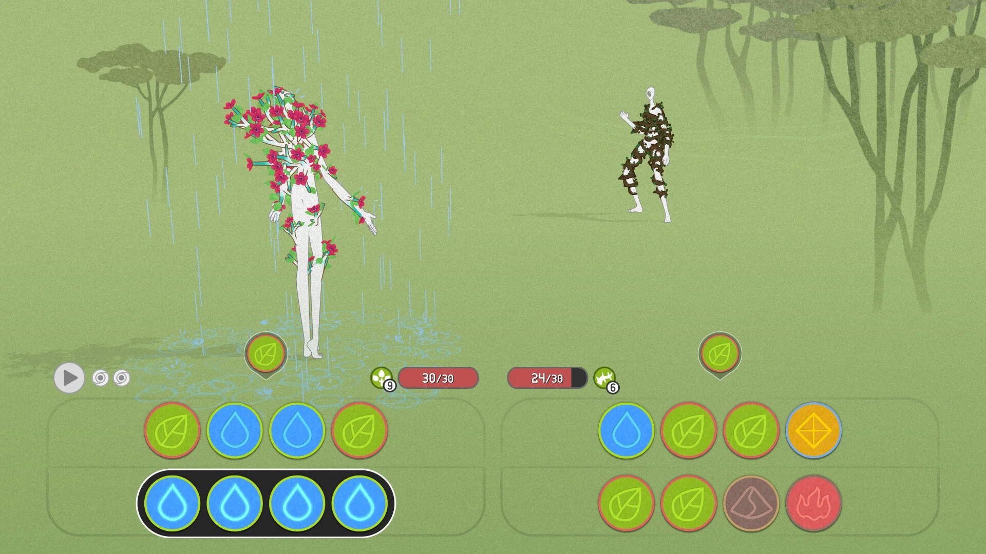 Flower-covered figure in rain versus a moss figure; four water gems matched on a green field