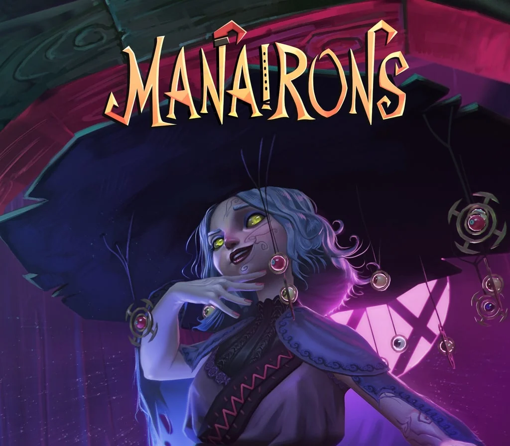 Cover: a blue-haired witch under a huge dark hat hung with glowing charms, gold MANAIRONS title on magenta light