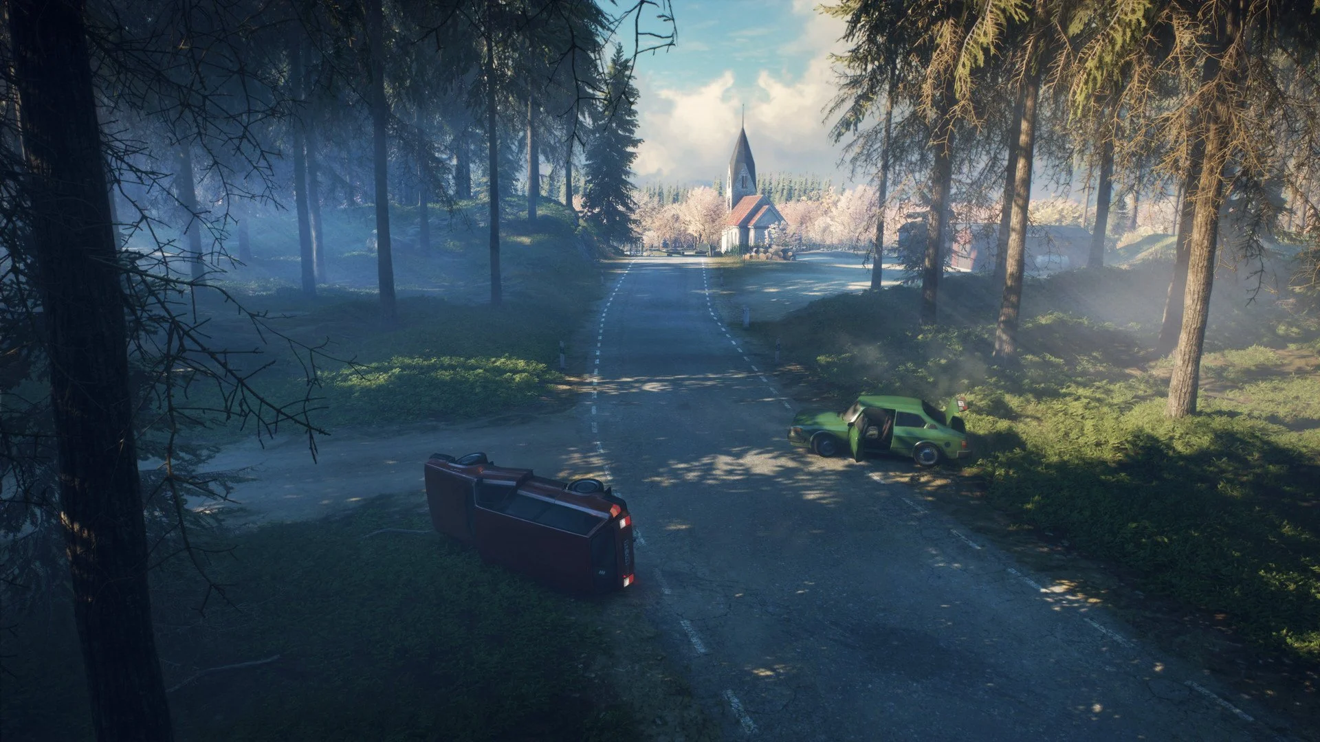 Overturned cars on a forest road toward a village church