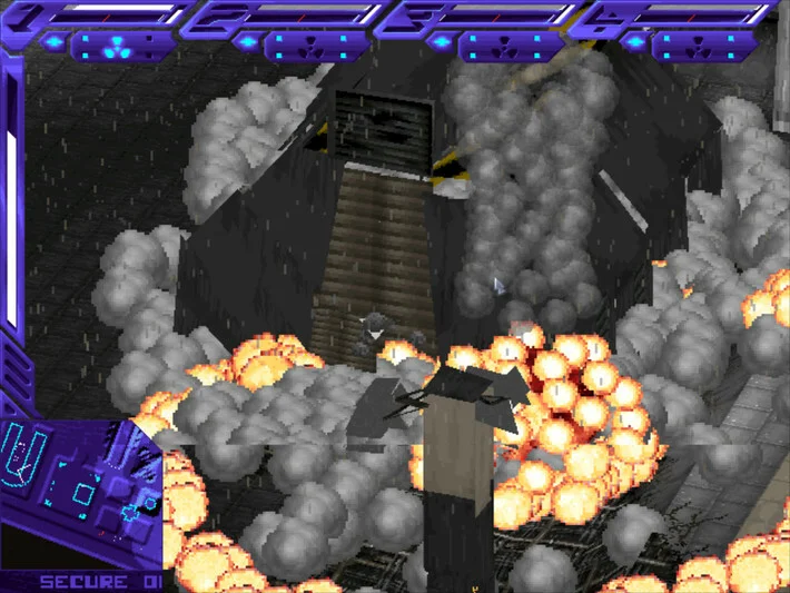 Isometric view of an explosion among city blocks.