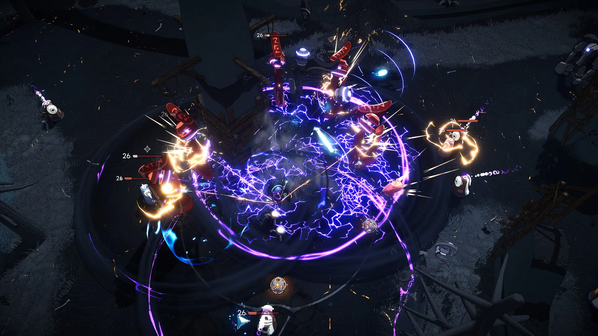 Night arena: purple lightning ring, red totems, 26 HP bars and gold sparks around a visored fighter