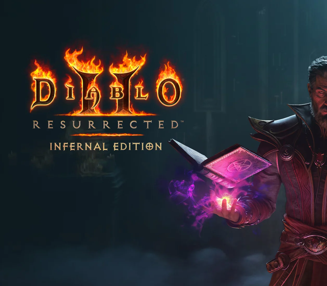 Diablo II Resurrected Infernal Edition cover, Warlock with a flaming tome