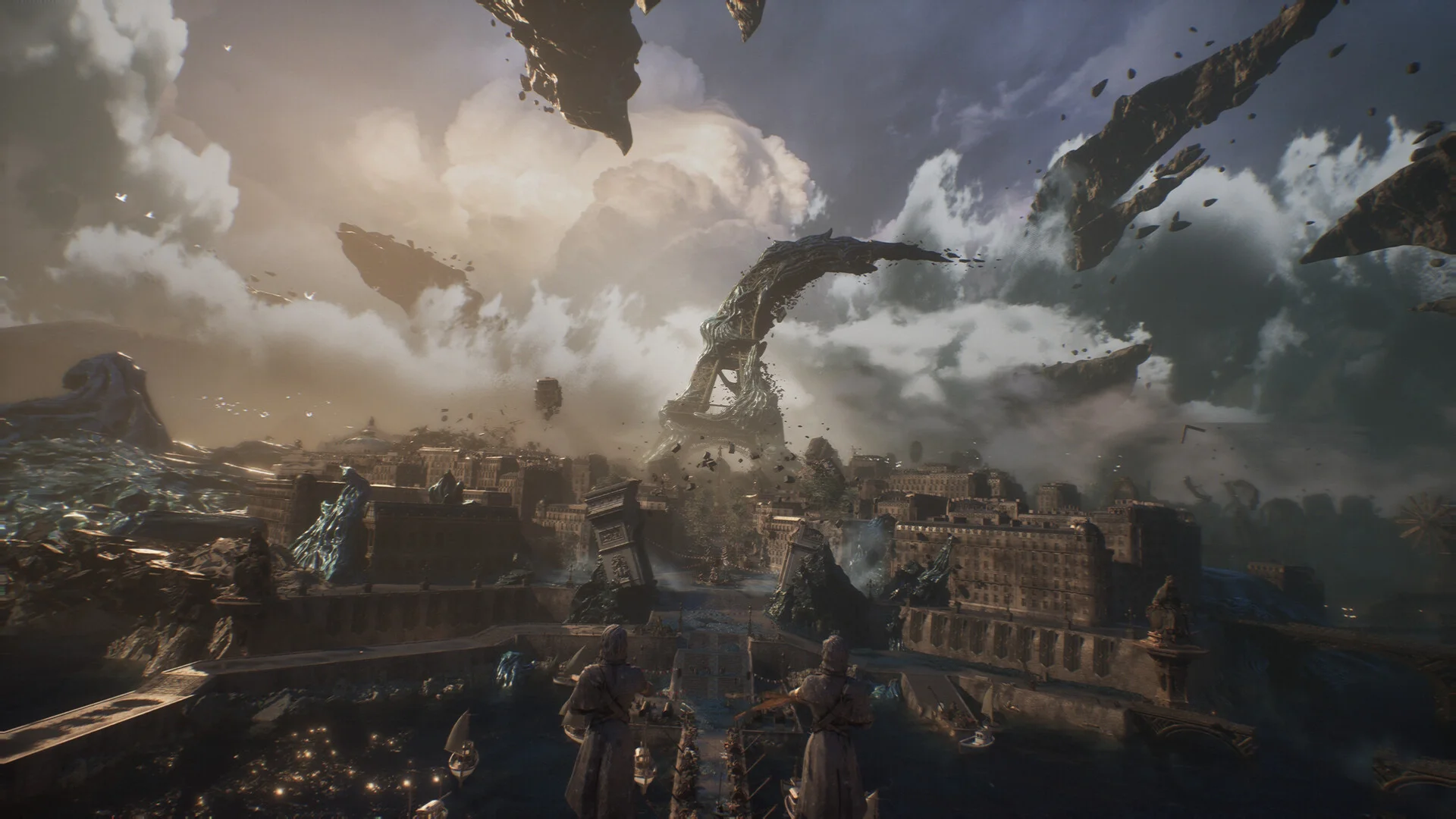 Two figures look over a stone city toward a twisted iron tower and floating debris