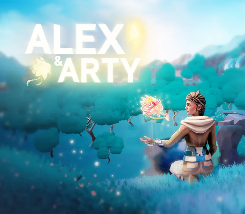Alex & Arty logo above Alex facing a bright restored blue forest
