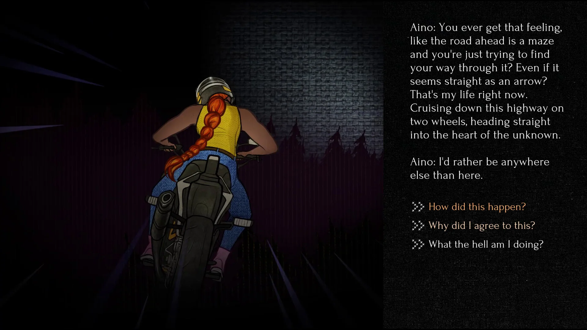 Red-haired woman on a motorcycle at night beside dialogue choices about a maze-like road