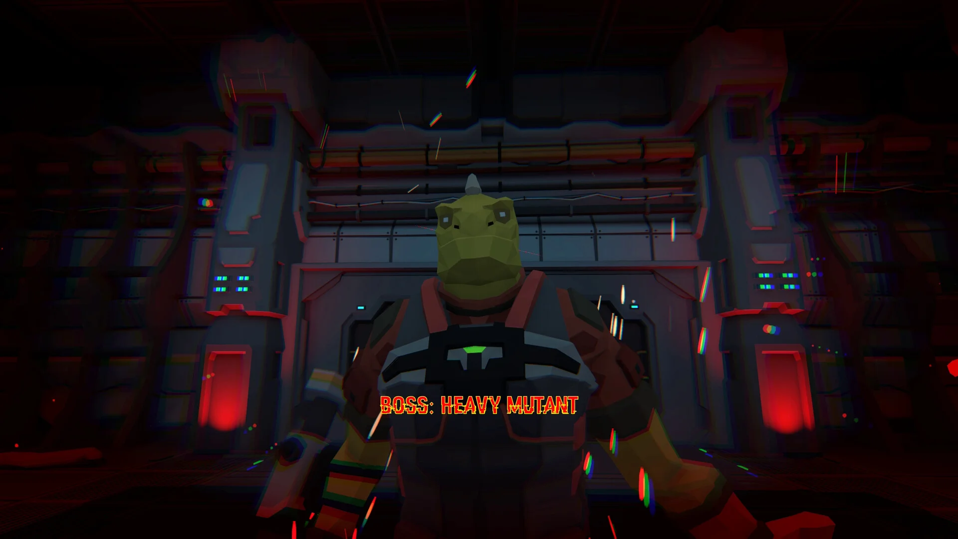 Low-poly postać w zbroi z zieloną głową, napis BOSS: HEAVY MUTANT w czerwono oświetlonej hangarze z aberracją