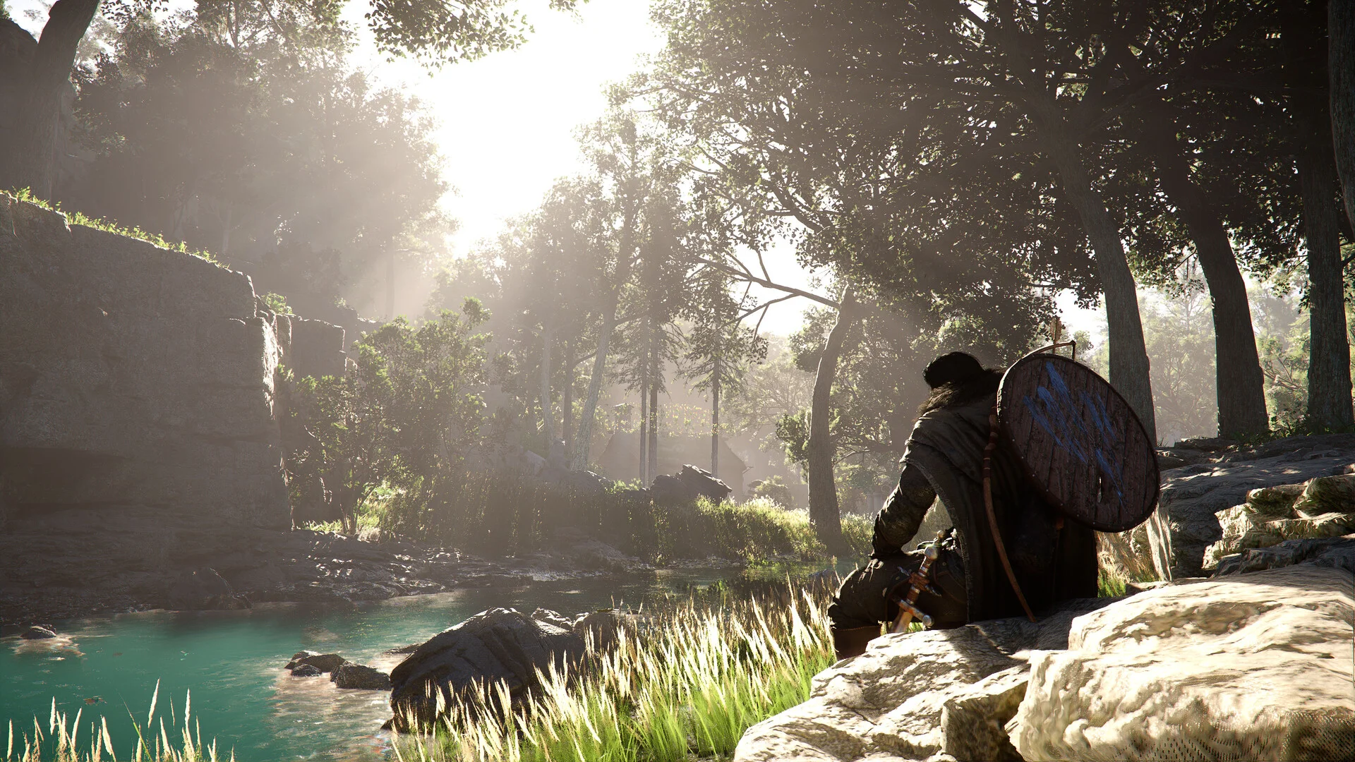 A cloaked figure with a round shield sits by a turquoise river in sunlit trees