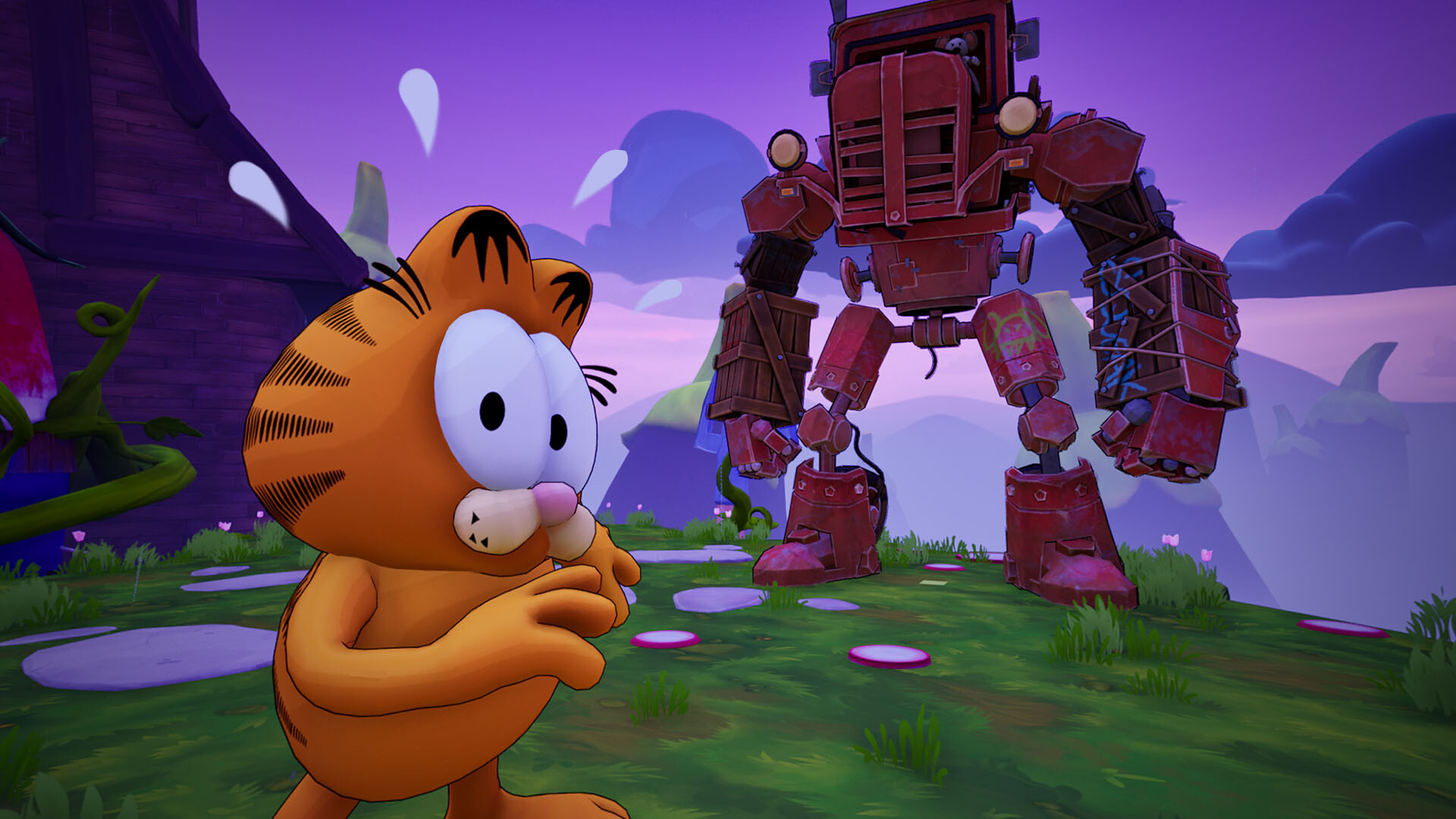 Garfield facing a giant wooden farm-machine boss in Garfield - Escape from Monday