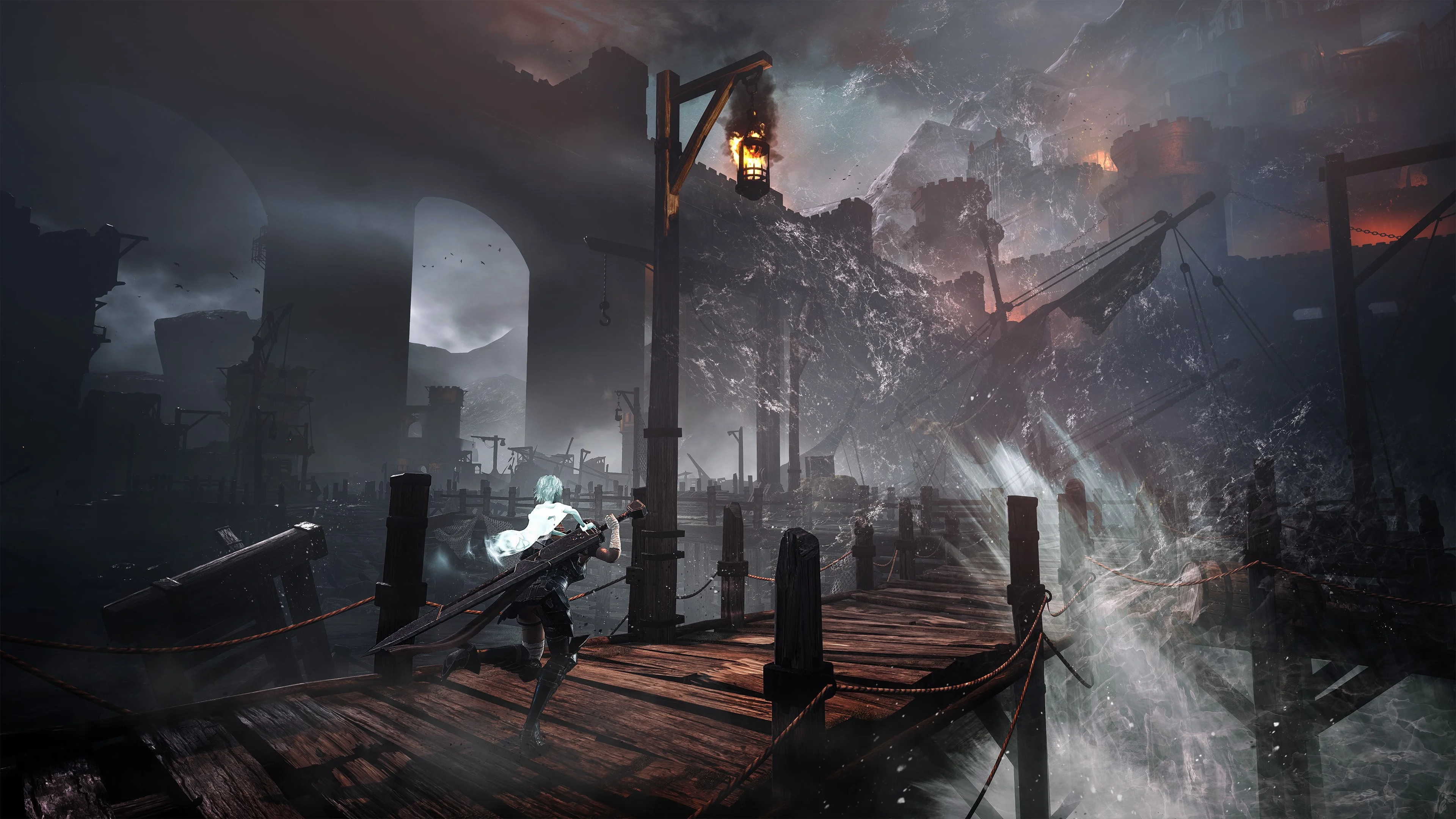 Briar running a wooden pier toward a hanging lantern with ruined docks and a burning hillside