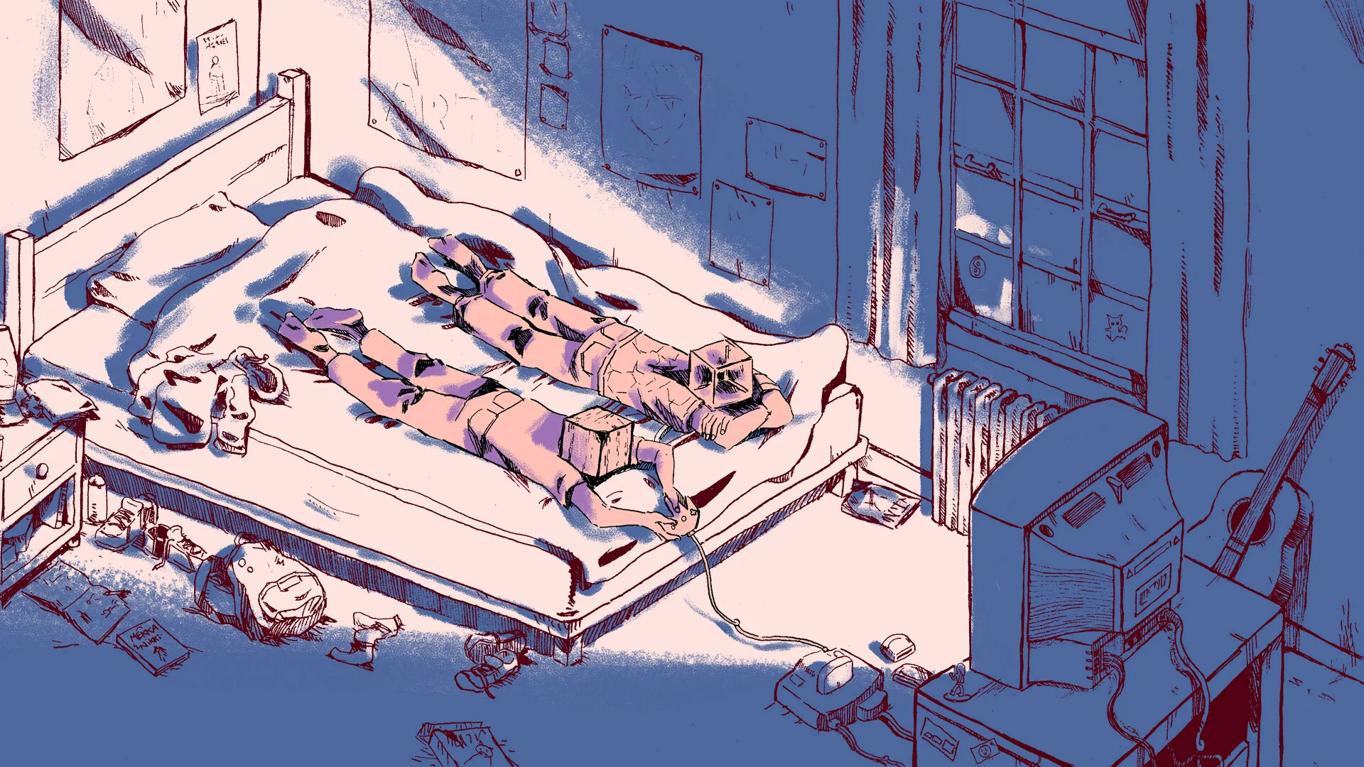 Two box-headed people lie on a rumpled bed with a game controller, CRT television, guitar and cluttered bedroom floor