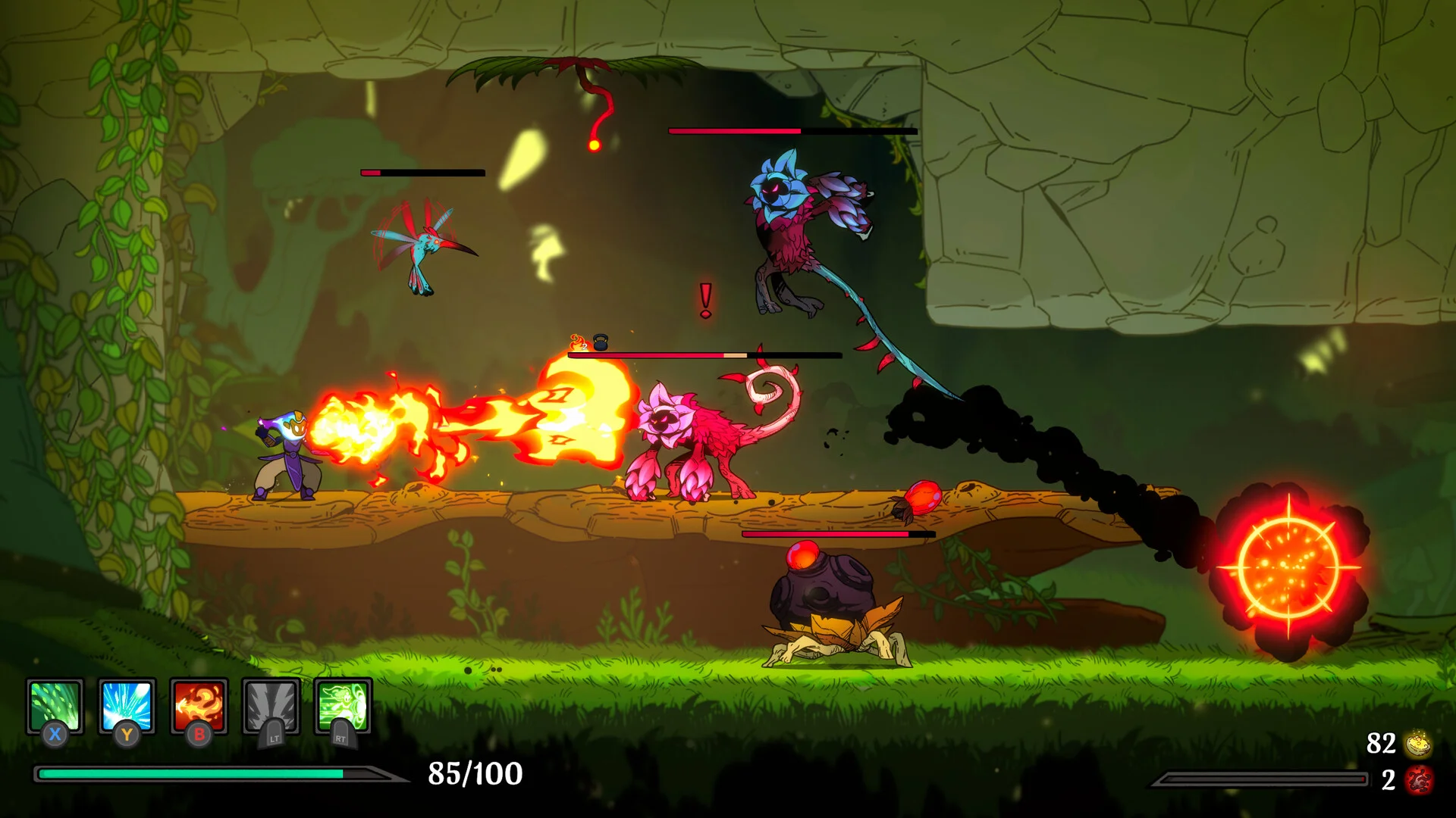 Jungle cave, hooded figure breathing fire at pink beasts, bomb trailing black smoke, hovering bird, 85/100 and two deaths