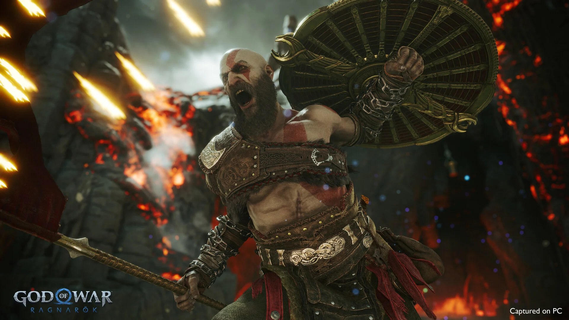 God of War Ragnarök Kratos facing a towering winter foe