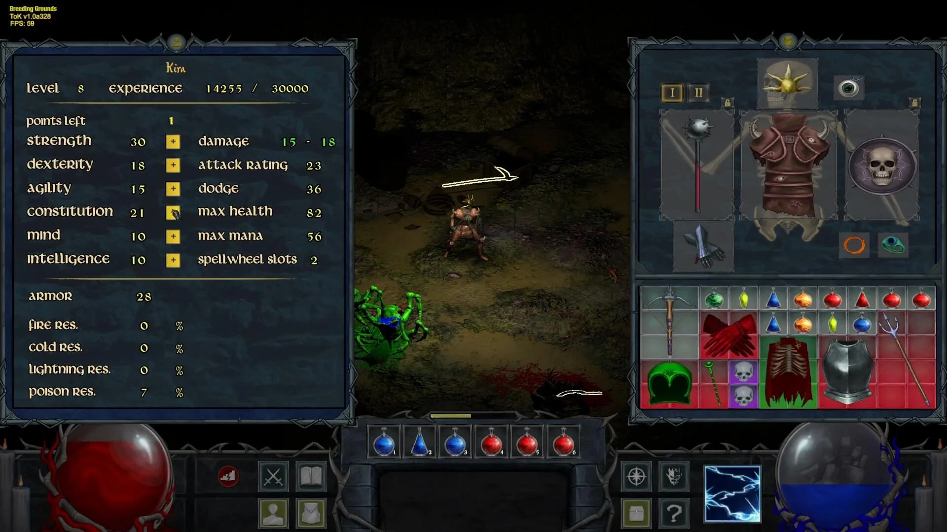 Level 8 character sheet for Kira with strength, dexterity and agility beside armour, weapons and coloured potions
