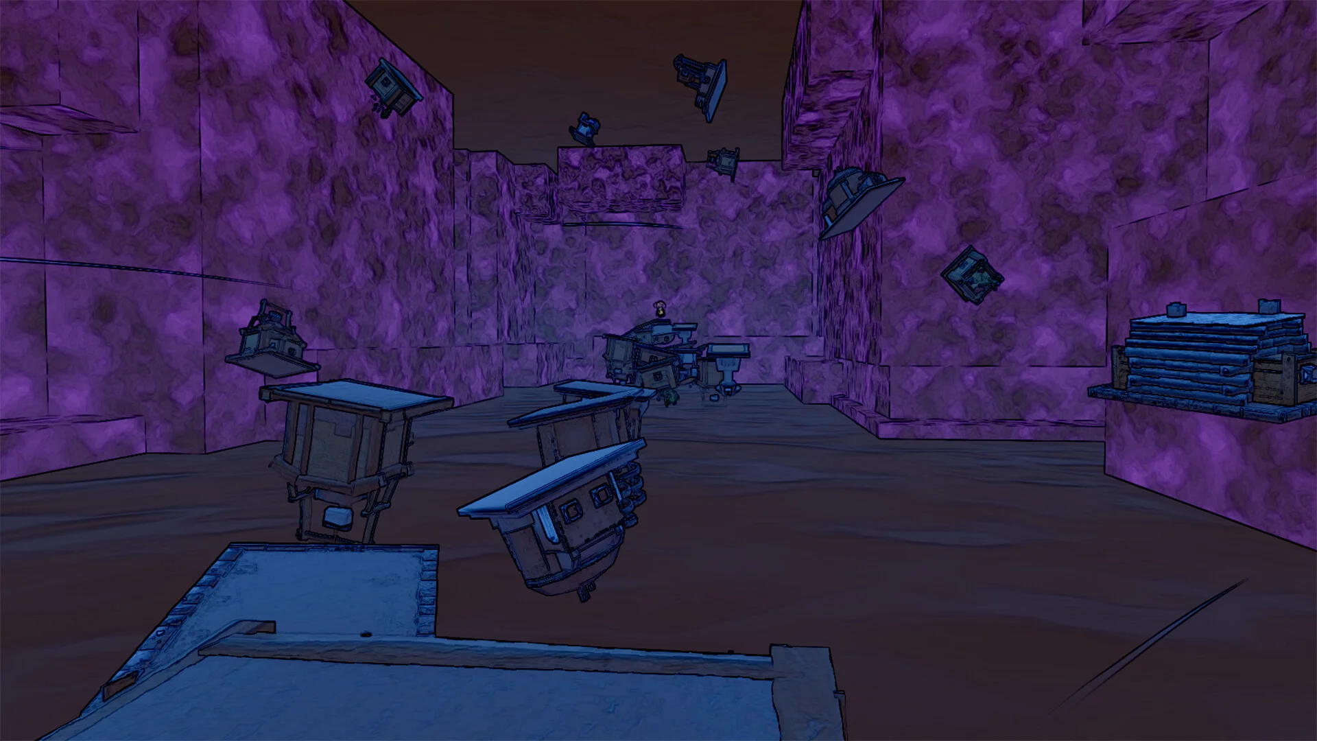 Wooden crates and machines floating in a purple cave chamber