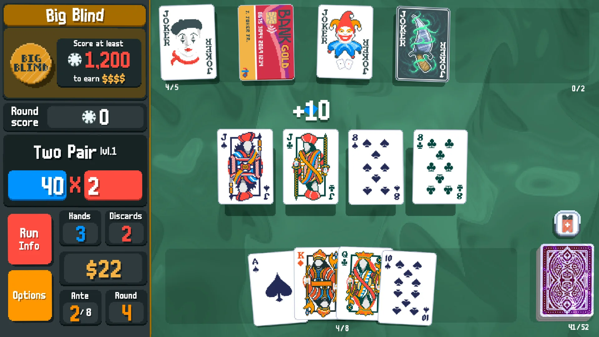 Green poker table scoring a Two Pair while four Joker cards sit above Jacks and eights