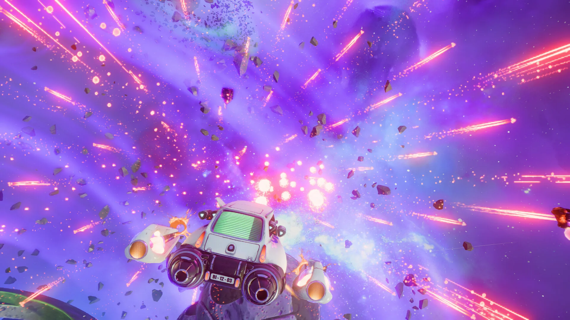 White car with a green windshield firing into a burst of pink lasers and debris