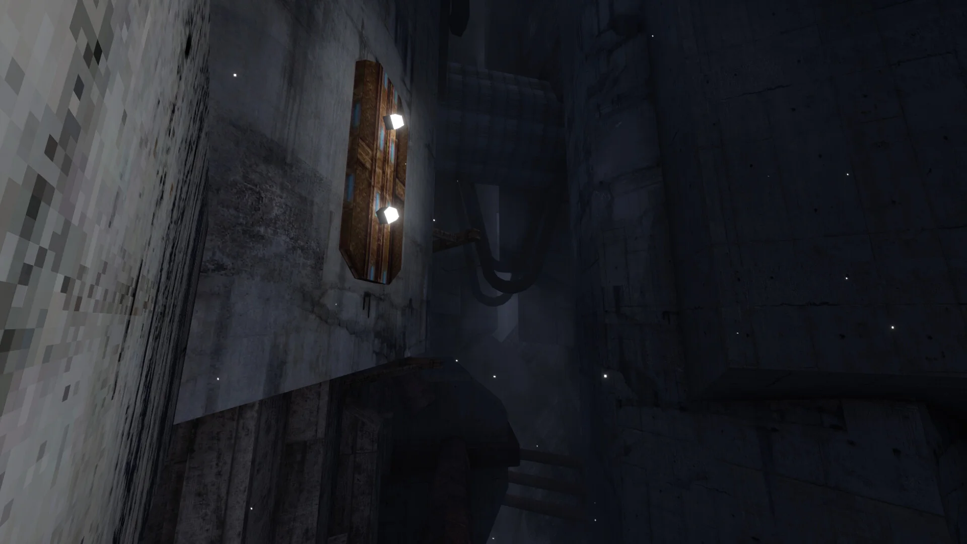 Looking up a dark concrete shaft at a hanging wooden crate with two lamps, pipes and pixel walls